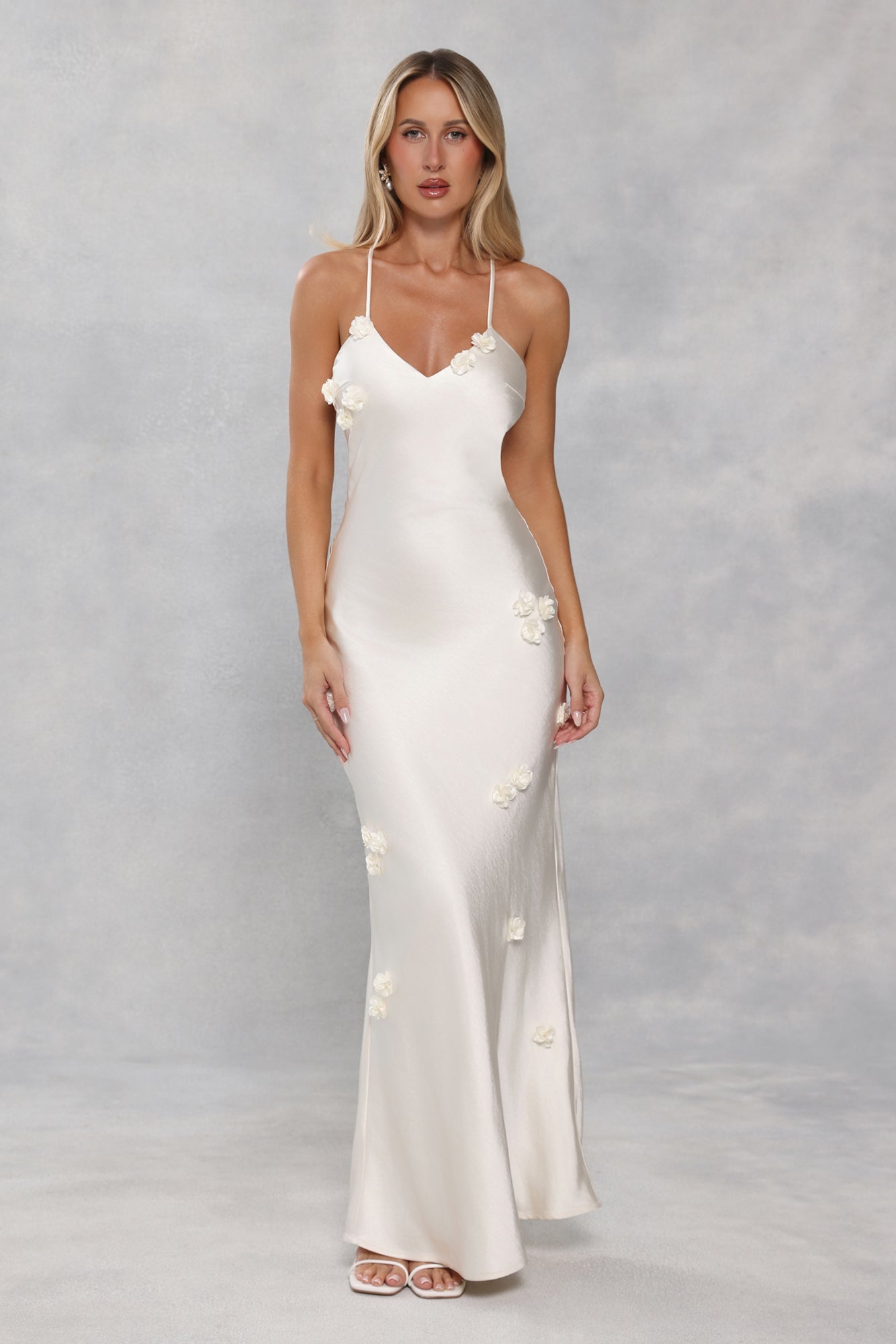 Honeyed Petals Satin Maxi Dress Cream