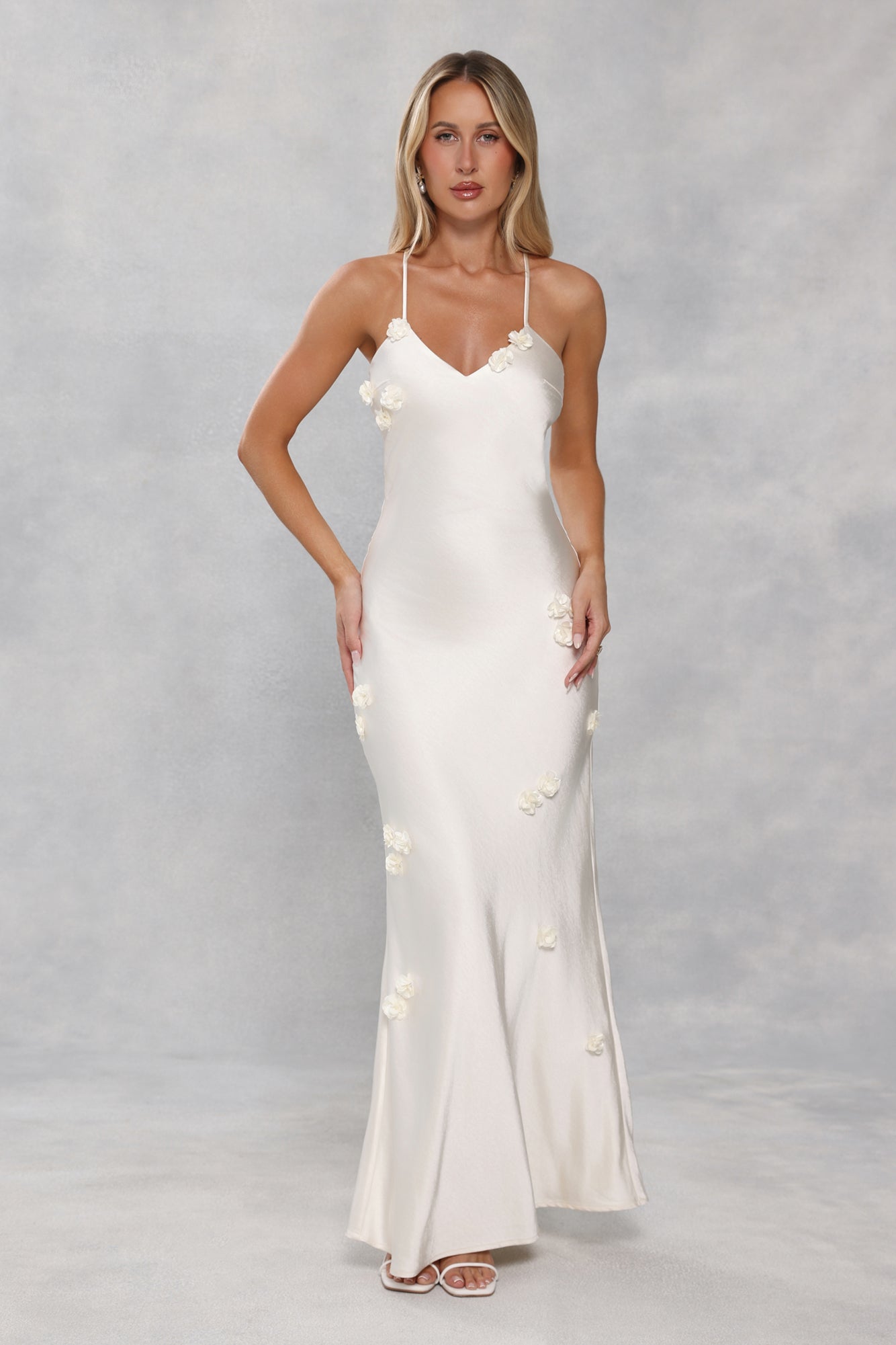 Honeyed Petals Satin Maxi Dress Cream