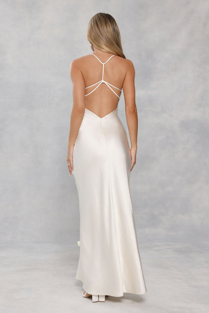 Honeyed Petals Satin Maxi Dress Cream