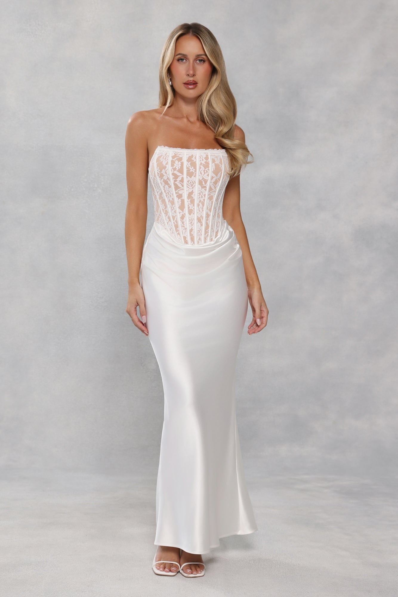 Love In Full Bloom Lace Satin Strapless Maxi Dress White