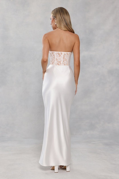 Love In Full Bloom Lace Satin Strapless Maxi Dress White