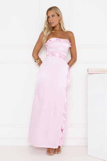 Seaside Eternity Strapless Satin Maxi Dress Pink