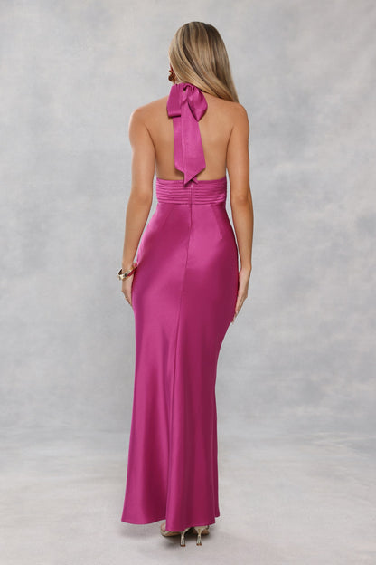 The Evening Standard Halter Satin Maxi Dress Magenta
