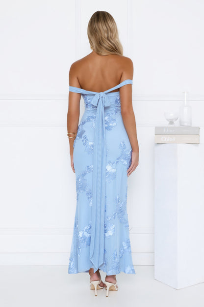 Lush Bloom Embroidered Off Shoulder Maxi Dress Blue