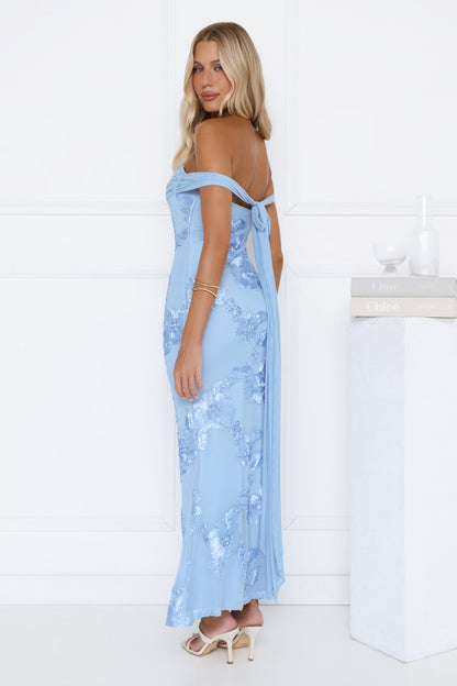Lush Bloom Embroidered Off Shoulder Maxi Dress Blue