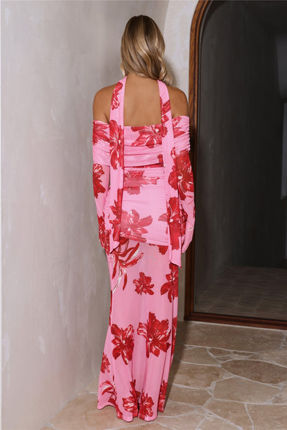Bloom Reverie Mesh Off Shoulder Long Sleeve Maxi Dress Pink
