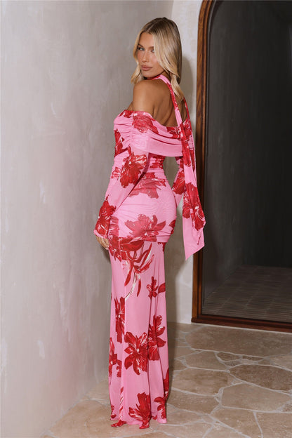 Bloom Reverie Mesh Off Shoulder Long Sleeve Maxi Dress Pink