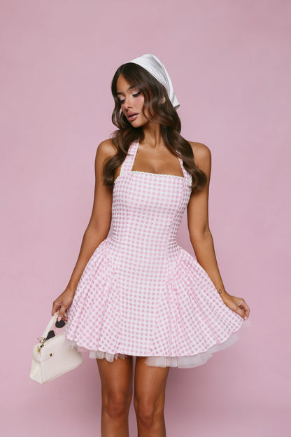 Enchanted Lily Gingham Mini Dress Blush