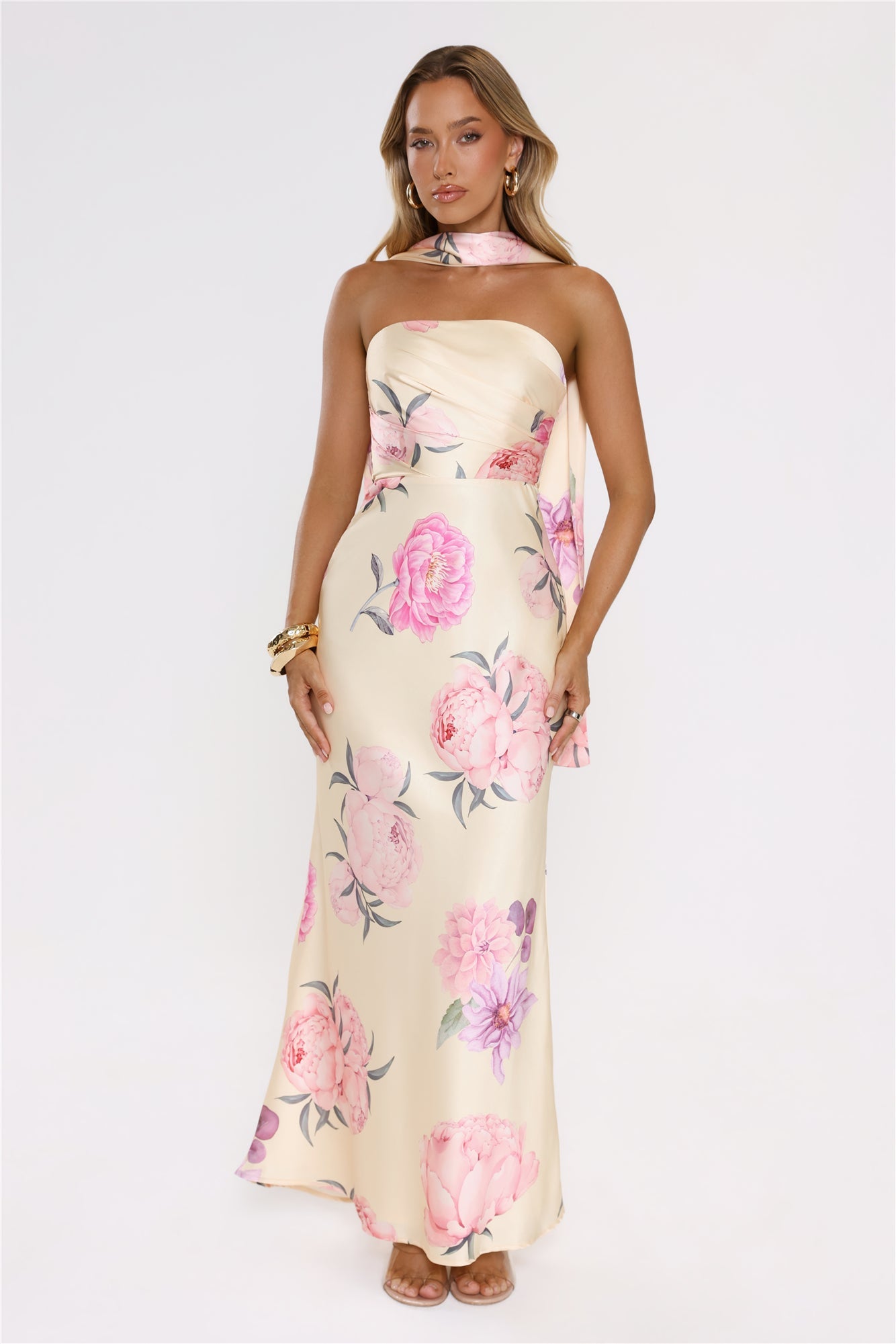 Chic Blooms Satin Maxi Dress Yellow
