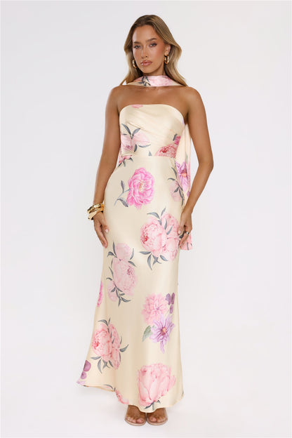 Chic Blooms Satin Maxi Dress Yellow