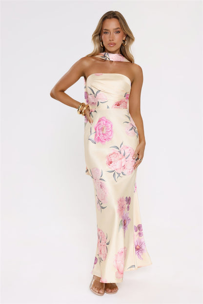 Chic Blooms Satin Maxi Dress Yellow