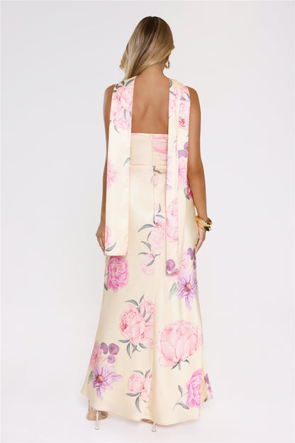 Chic Blooms Satin Maxi Dress Yellow