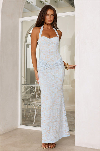 Delicate Daydream Halter Lace Maxi Dress Light Blue