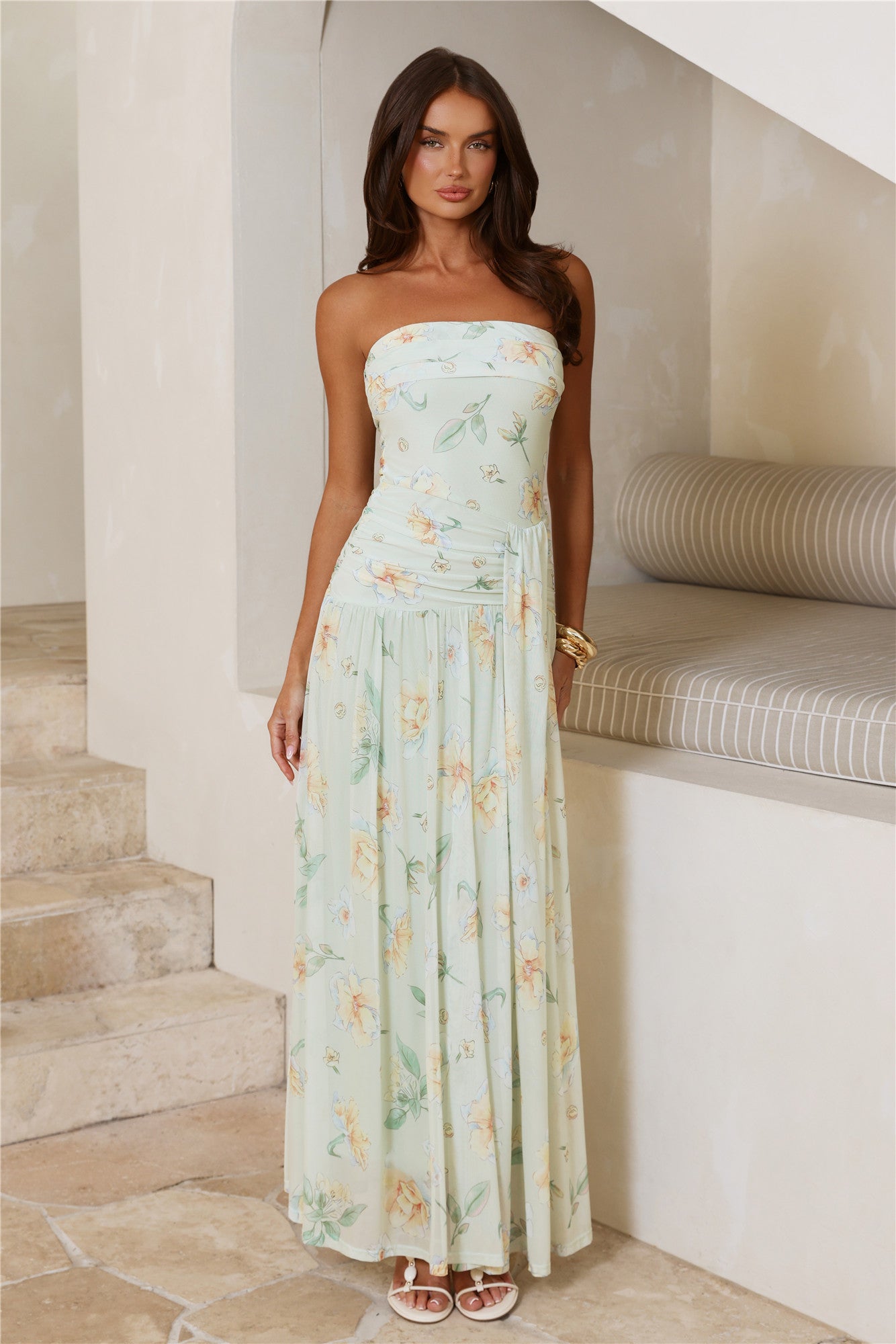 The Pretty Hour Mesh Strapless Maxi Dress Green