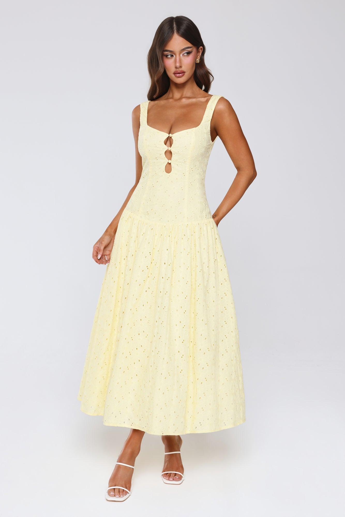 Romance Stitched Embroidered Maxi Dress Lemon