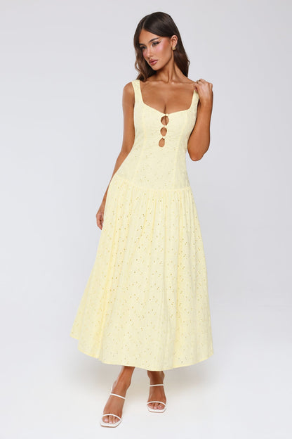 Romance Stitched Embroidered Maxi Dress Lemon