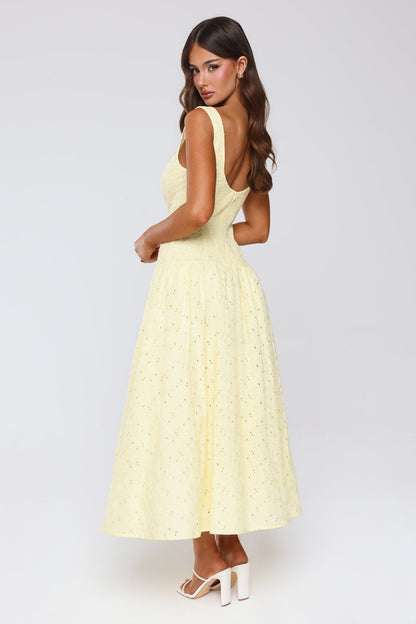 Romance Stitched Embroidered Maxi Dress Lemon