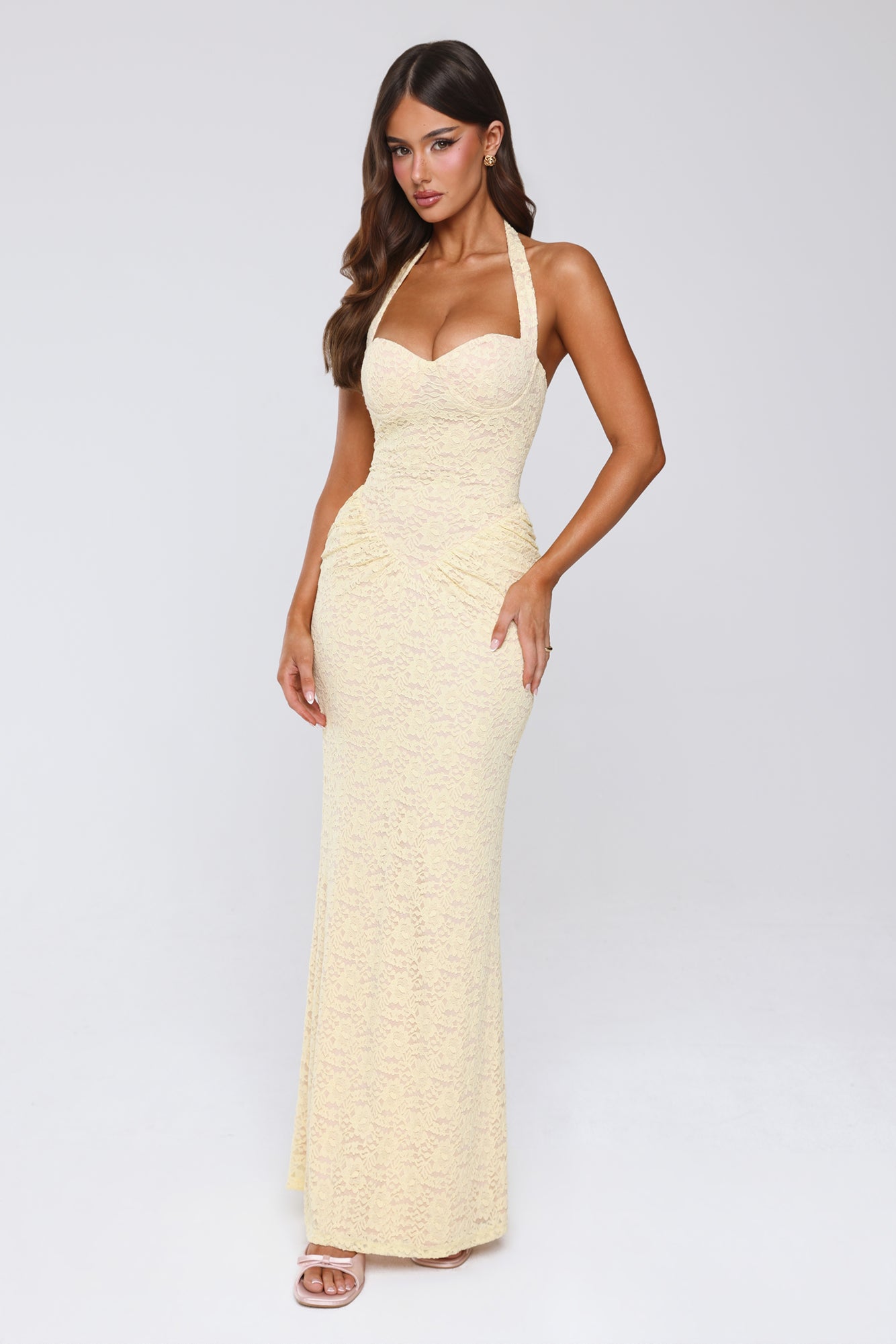 Delicate Daydream Halter Lace Maxi Dress Yellow