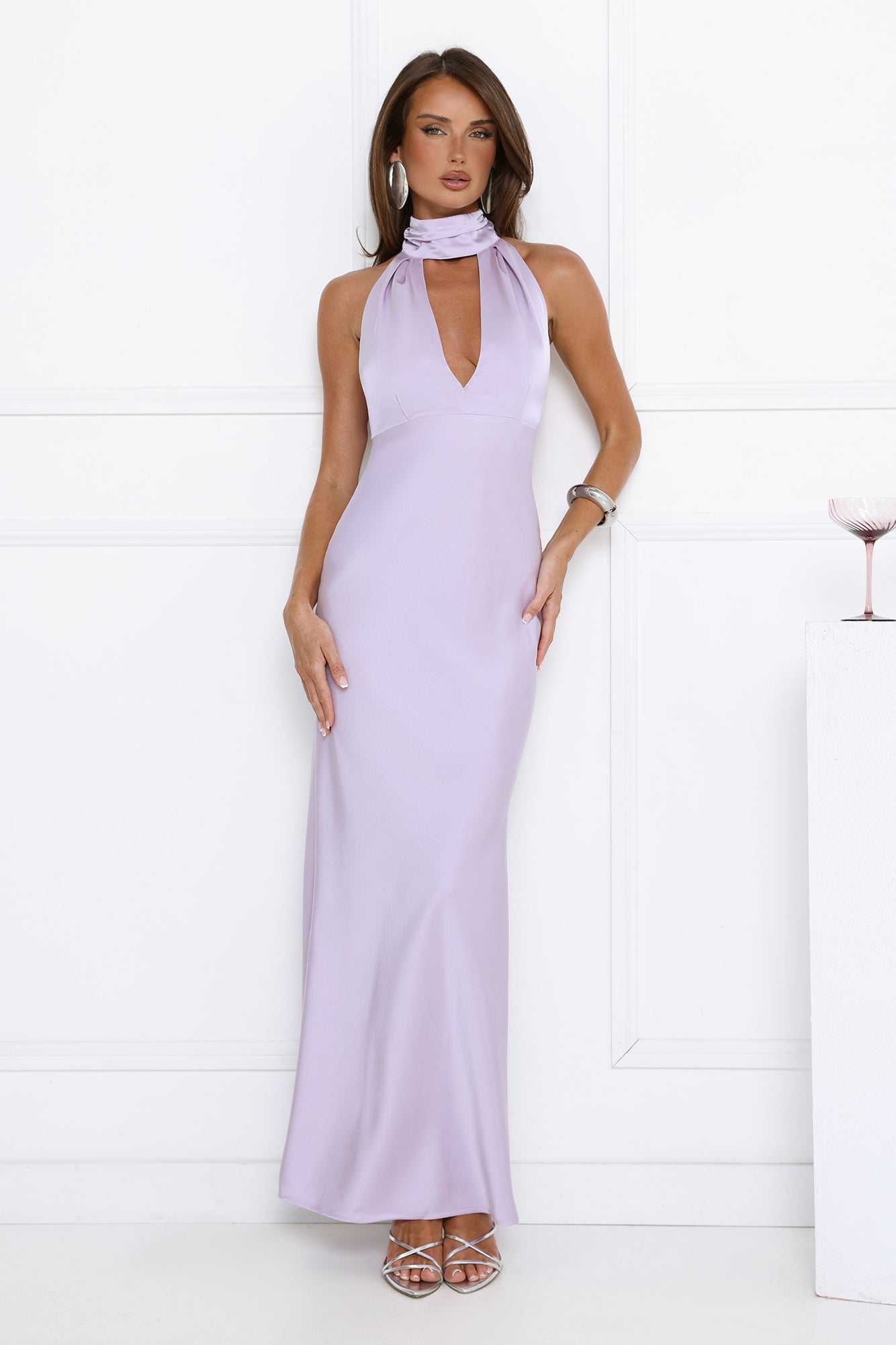 Summer Flame Kiss Halter Satin Maxi Dress Lilac
