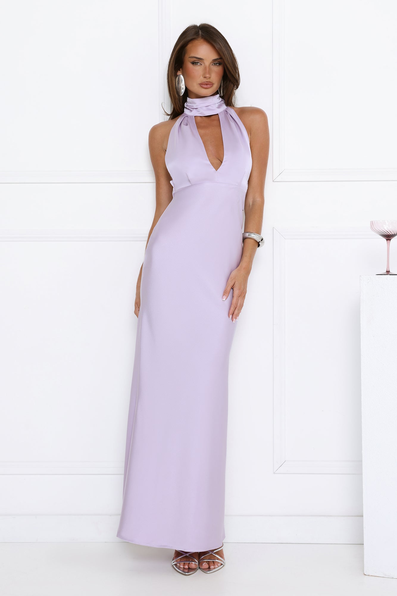 Summer Flame Kiss Halter Satin Maxi Dress Lilac