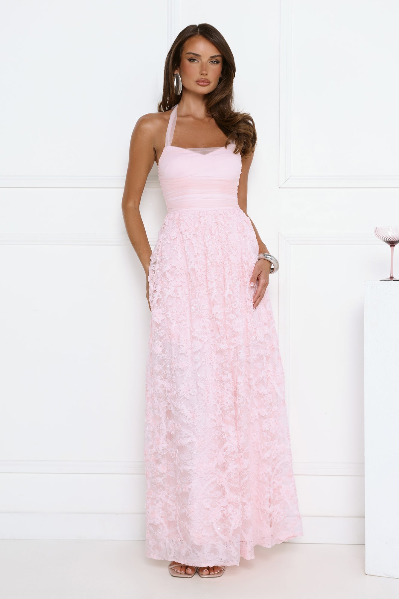 Magnetic Luxe Halter Maxi Dress Pink