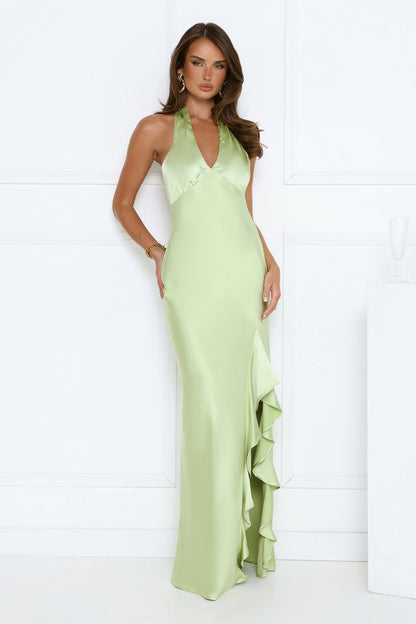 Satin Whirl Halter Maxi Dress Green