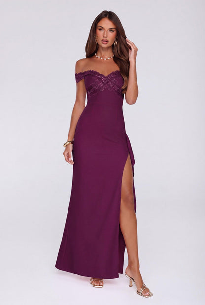 Ethereal Lace Off Shoulder Maxi Dress Plum