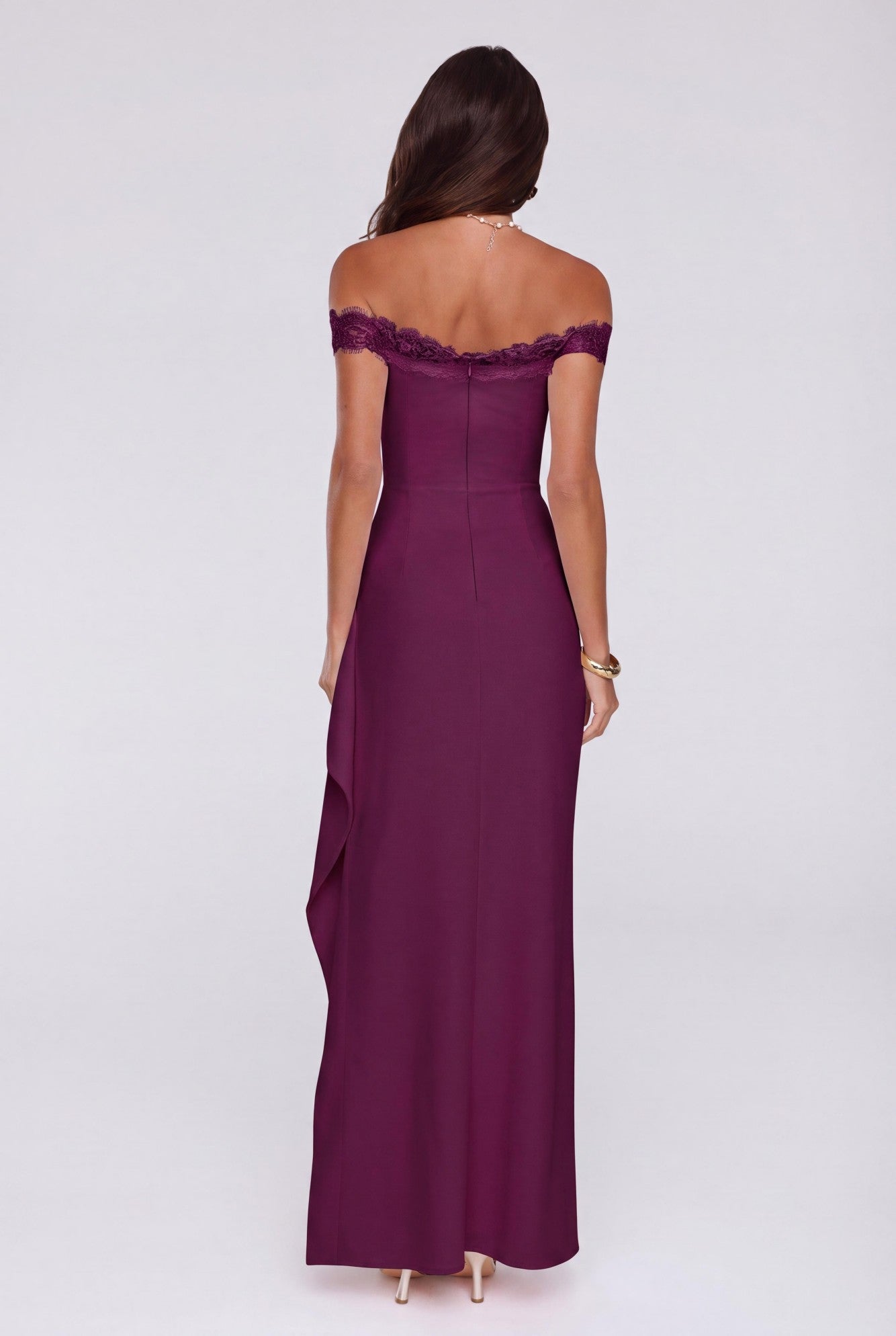 Ethereal Lace Off Shoulder Maxi Dress Plum