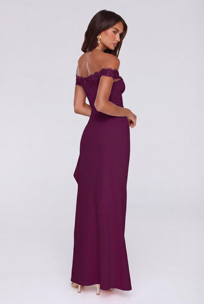 Ethereal Lace Off Shoulder Maxi Dress Plum