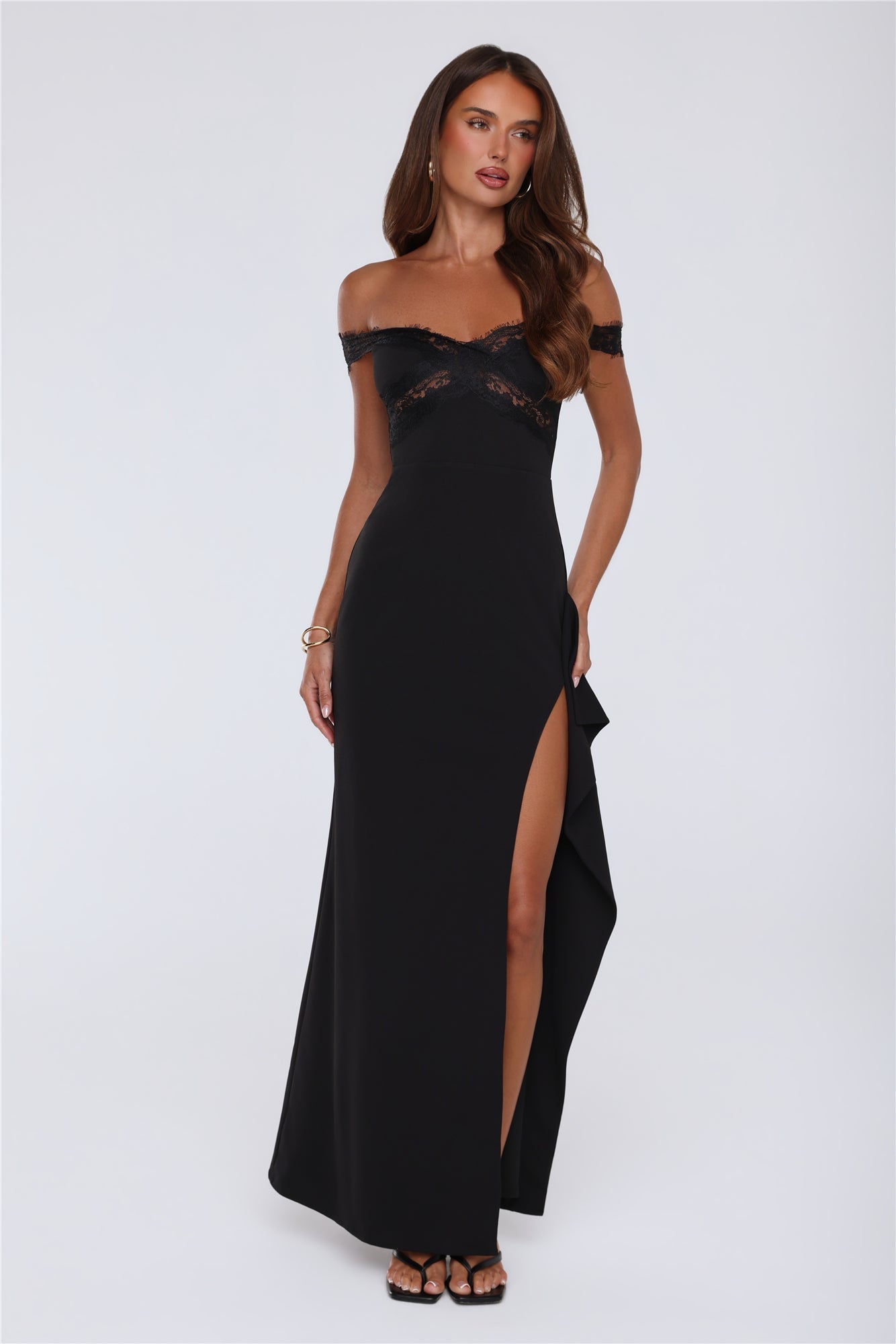 Ethereal Lace Off Shoulder Maxi Dress Black