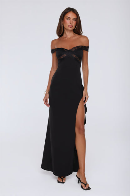 Ethereal Lace Off Shoulder Maxi Dress Black