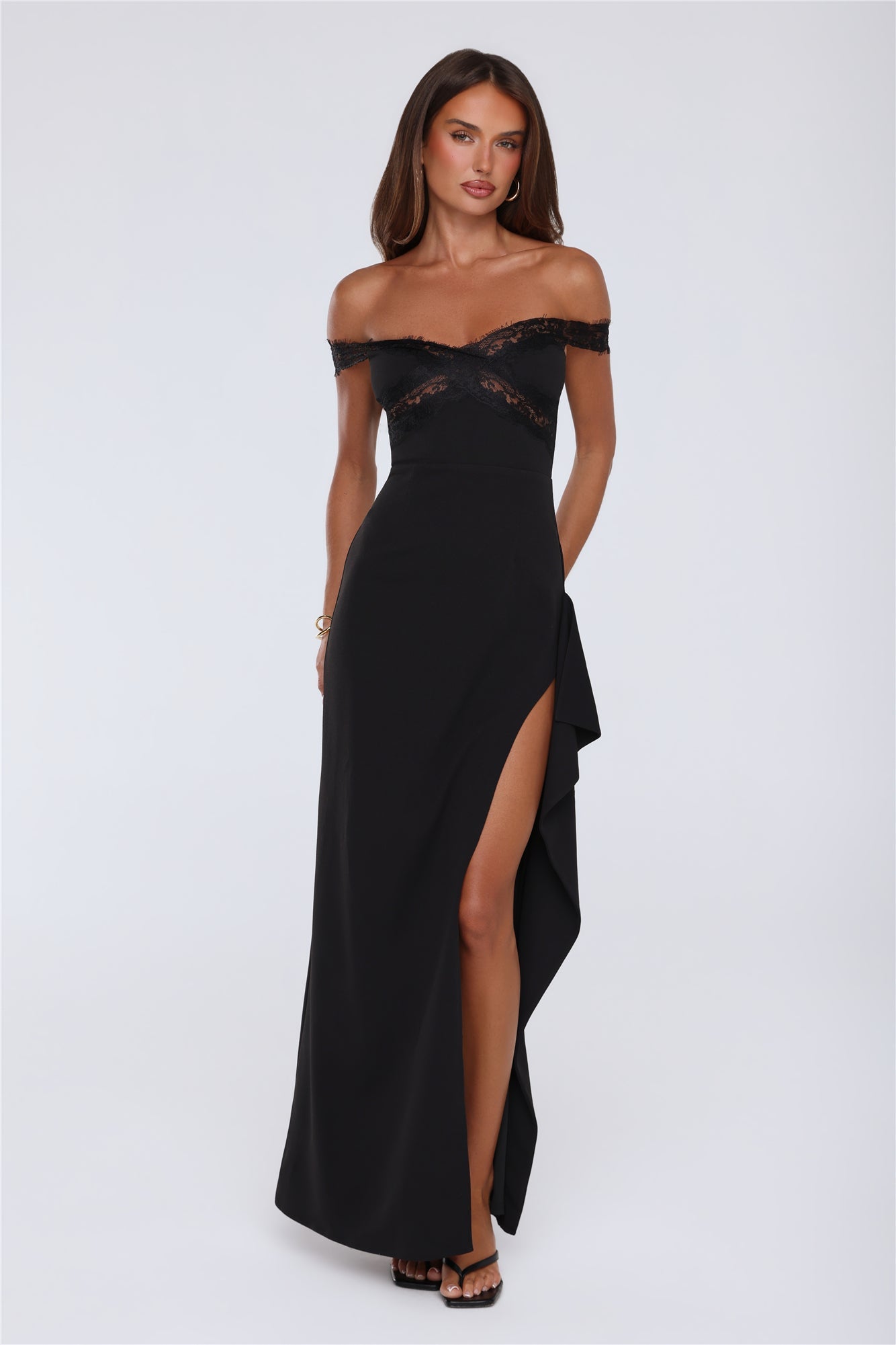 Ethereal Lace Off Shoulder Maxi Dress Black