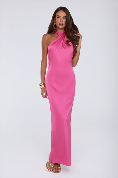 Outfit Energy Satin Halter Maxi Dress Pink