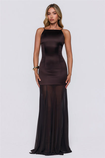 Elevated Vibes Satin Maxi Dress Chocolate