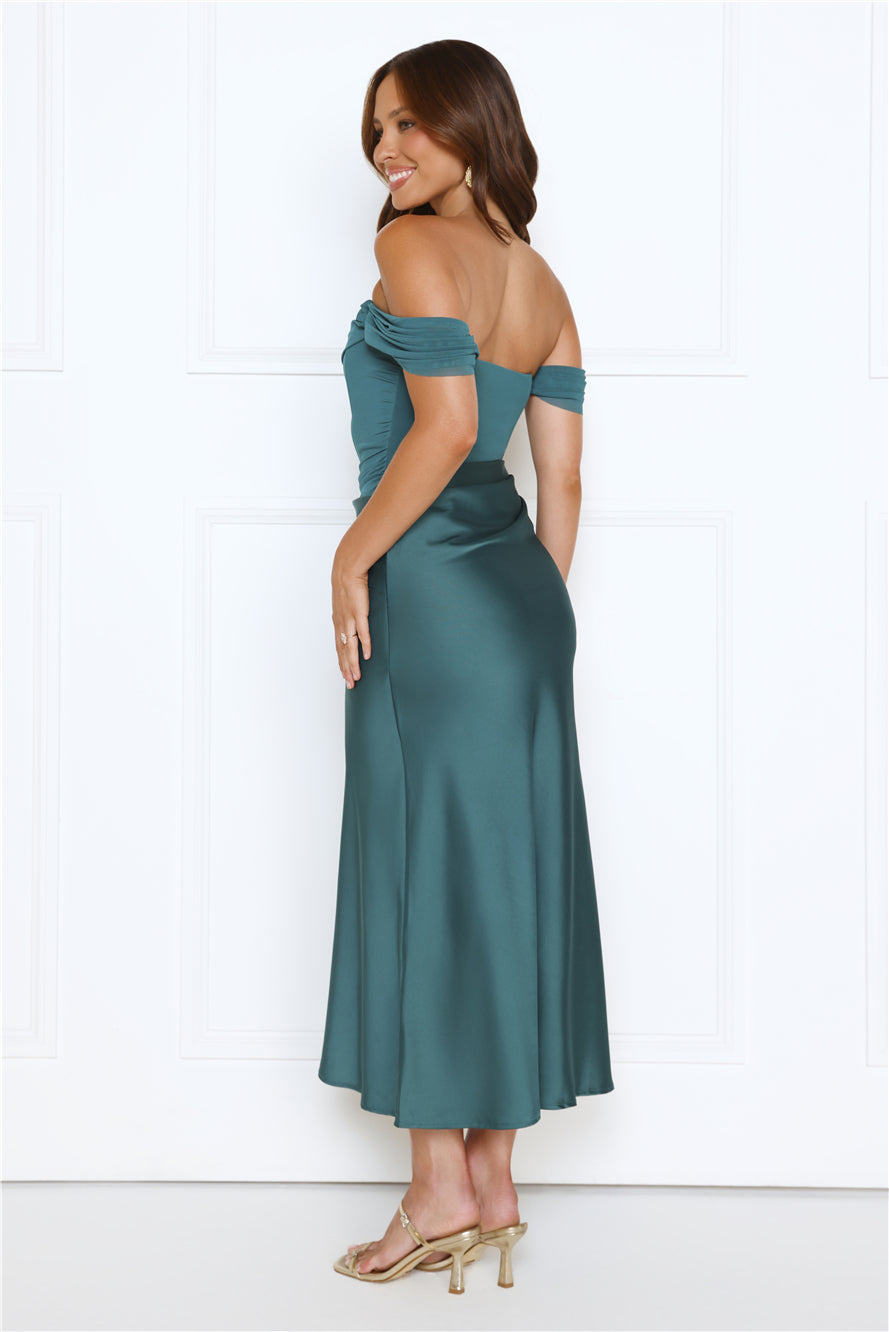 Out Tonight Edit Off Shoulder Mesh Satin Maxi Dress Teal