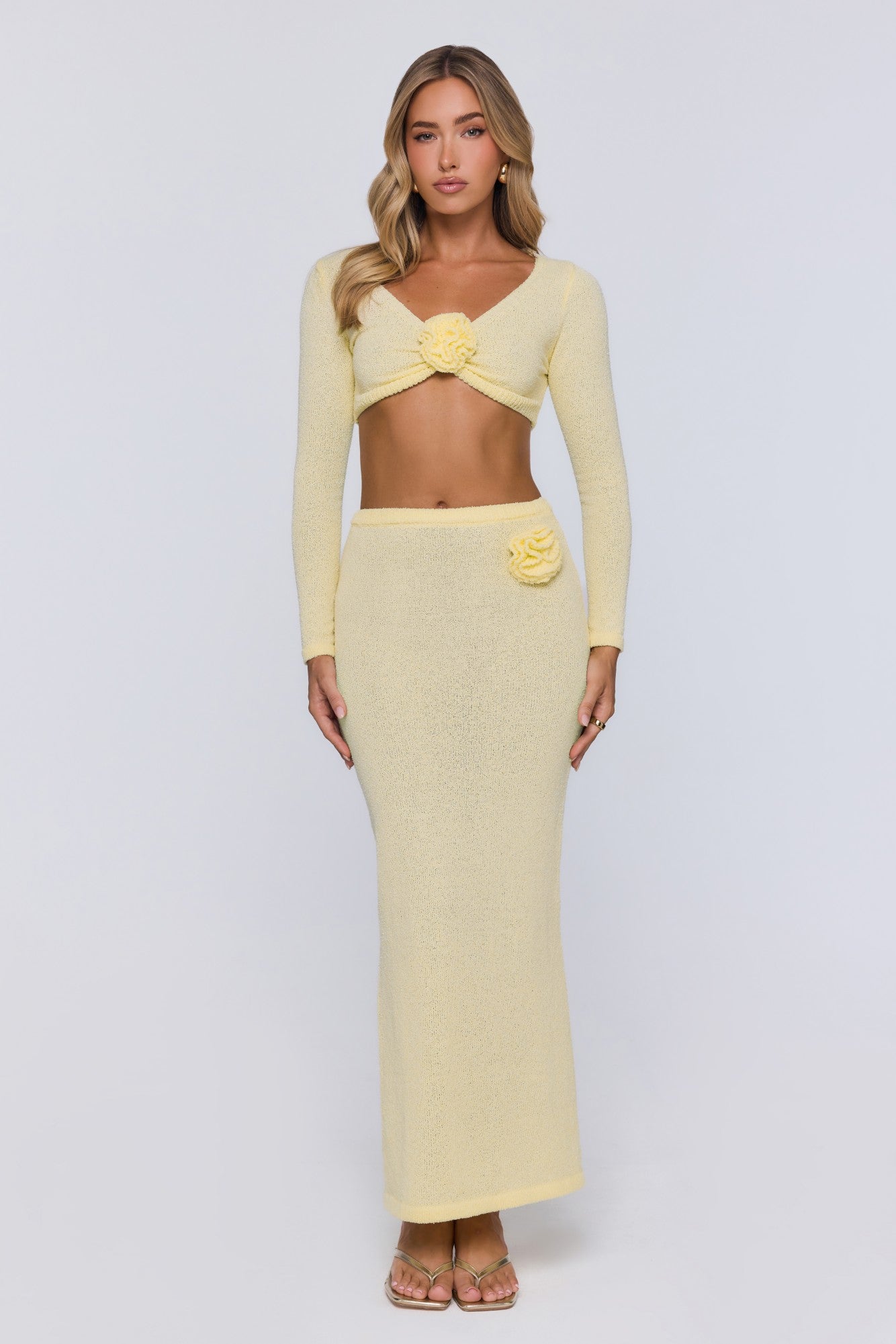 Sun Rose Knit Long Sleeve Crop Top Yellow