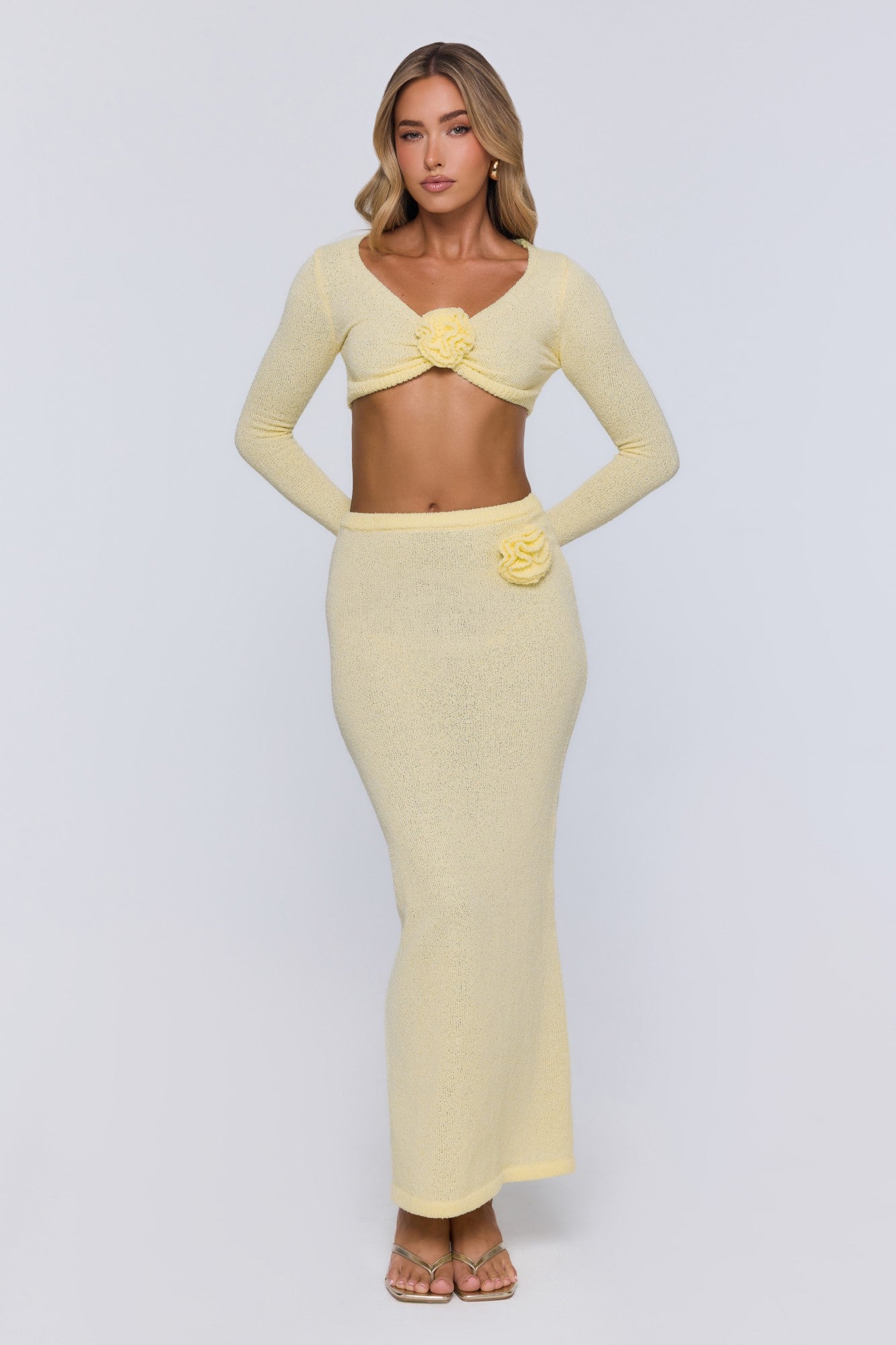 Sun Rose Knit Long Sleeve Crop Top Yellow