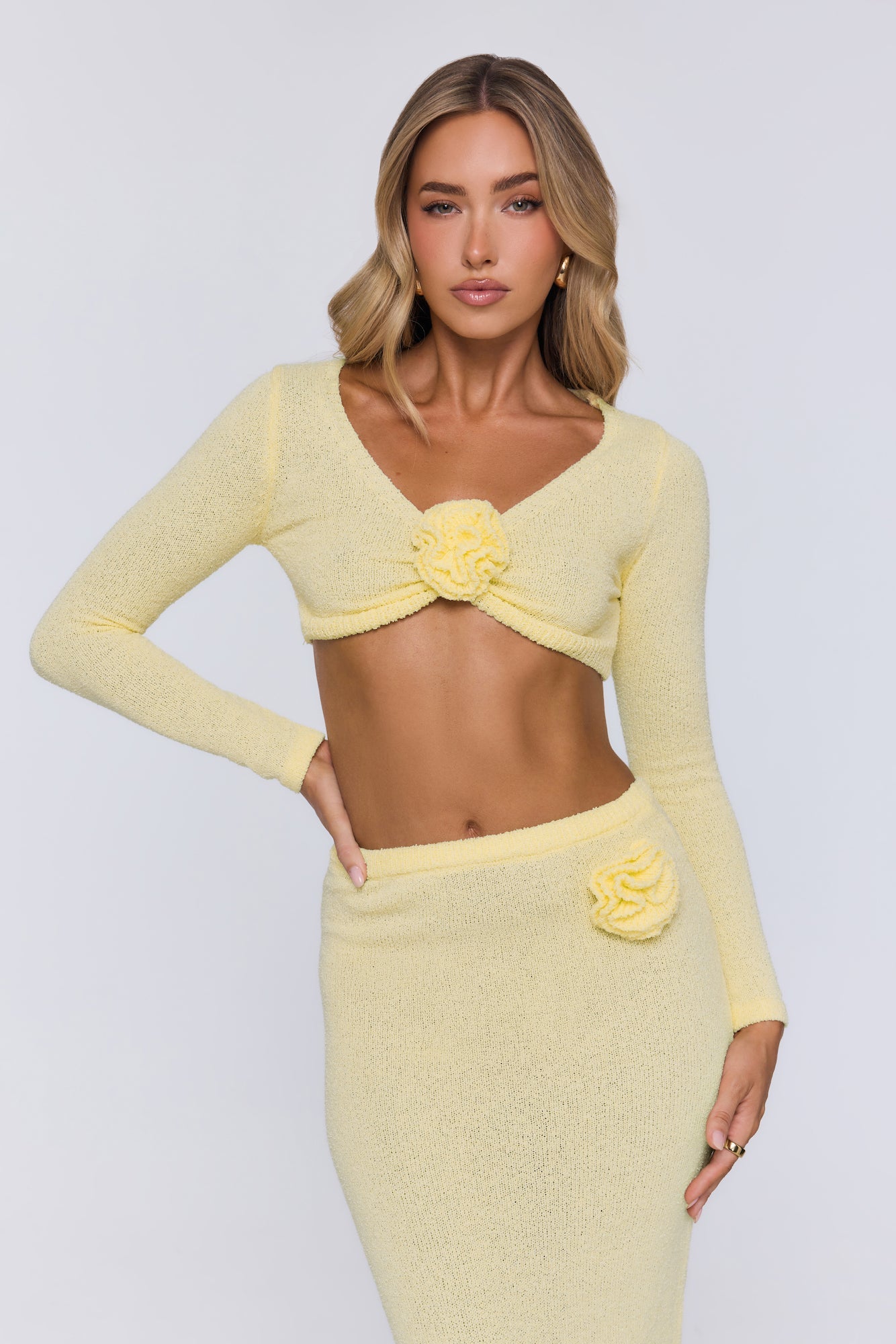 Sun Rose Knit Long Sleeve Crop Top Yellow