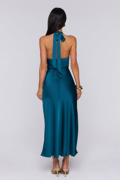 First Class Energy Halter Satin Maxi Dress Teal