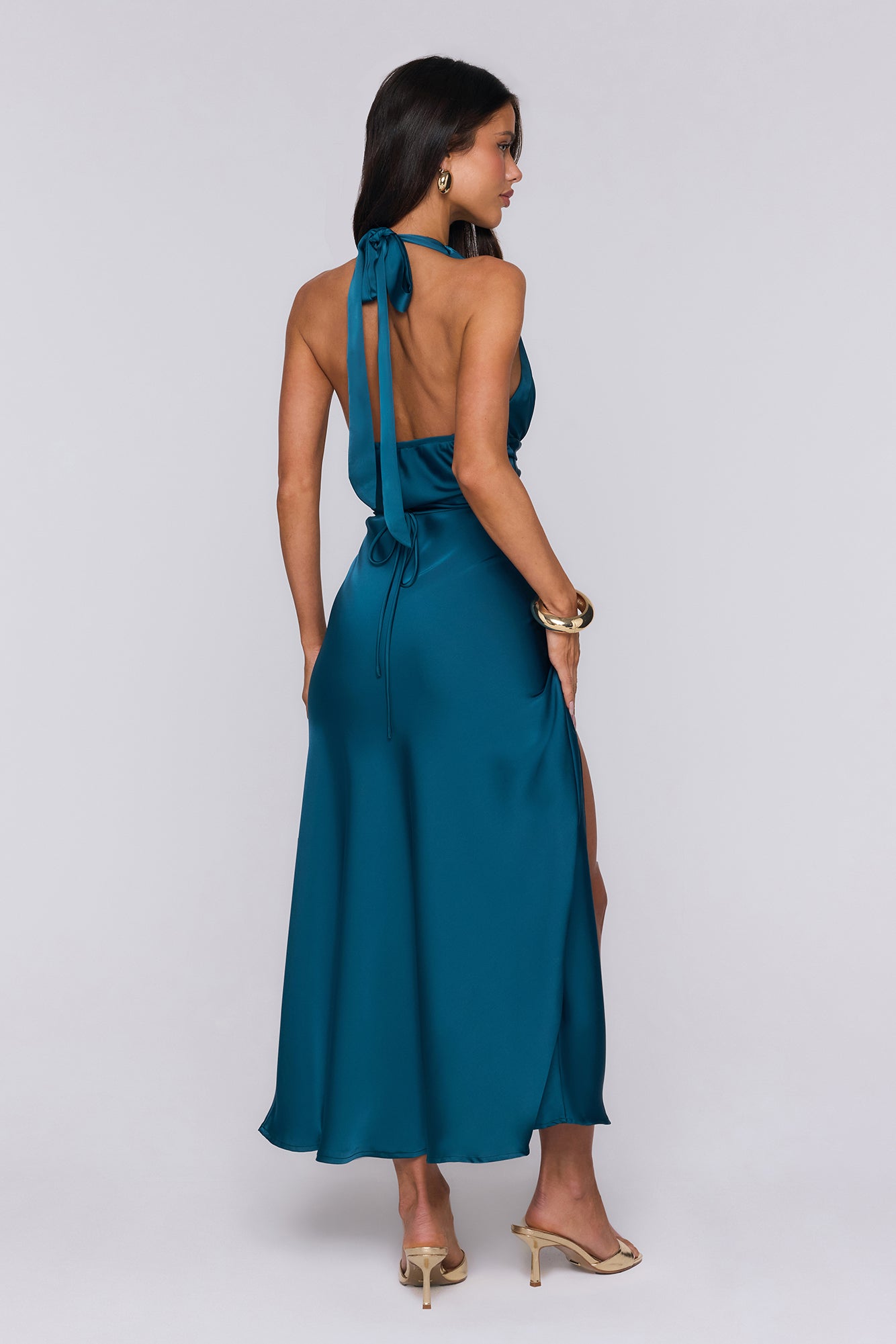 First Class Energy Halter Satin Maxi Dress Teal