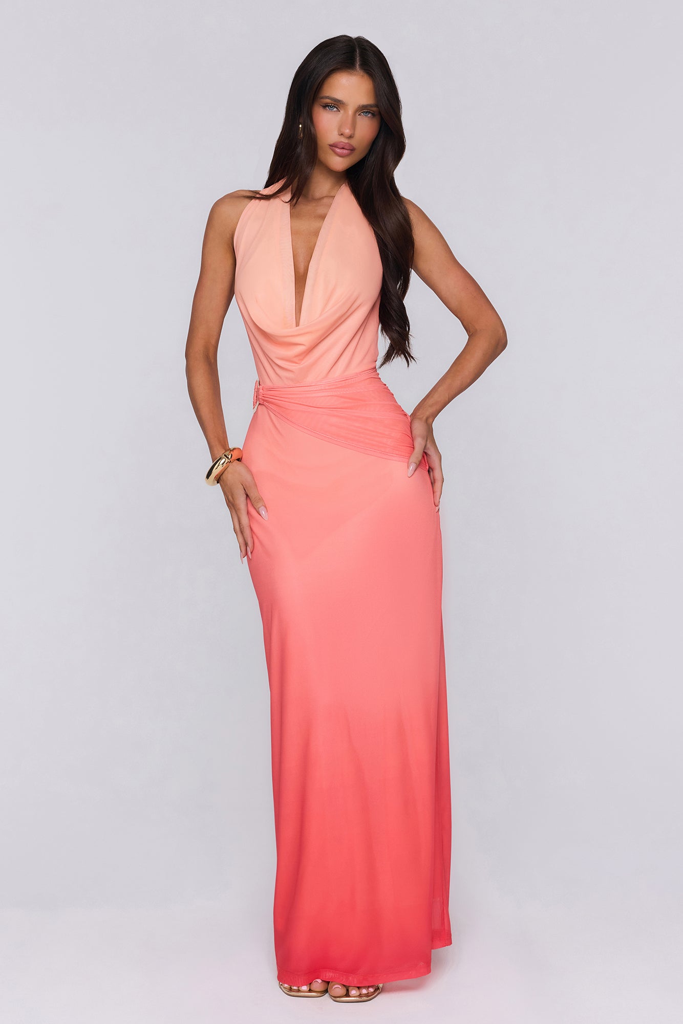 Rose Confession Halter Mesh Maxi Dress Peach