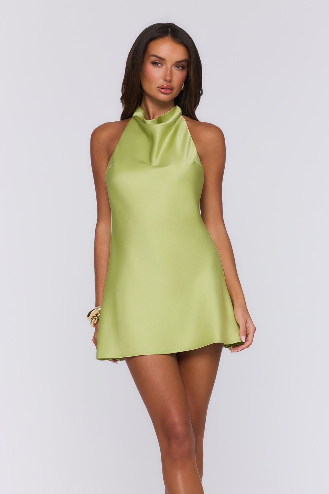 Power Walk Satin Halter Mini Dress Lime Green