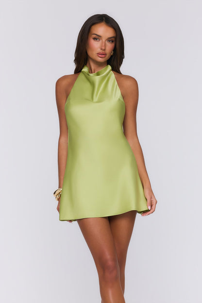 Power Walk Satin Halter Mini Dress Lime Green
