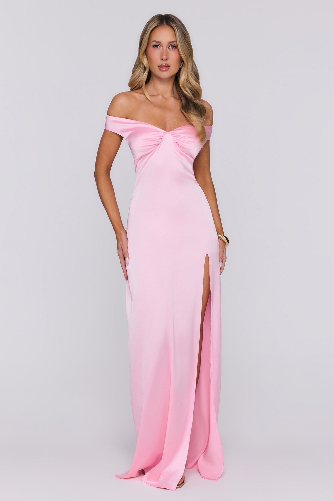 Spark Babe Off Shoulder Satin Maxi Dress Pink