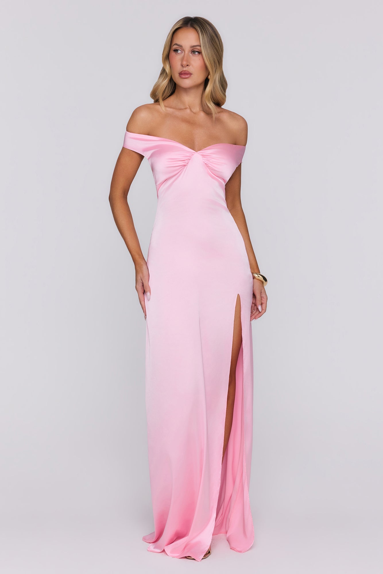 Spark Babe Off Shoulder Satin Maxi Dress Pink