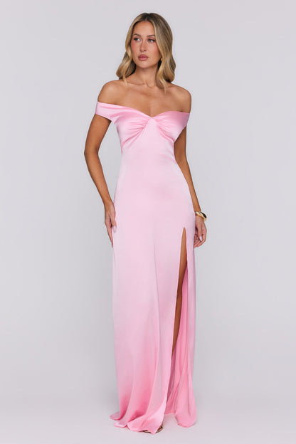 Spark Babe Off Shoulder Satin Maxi Dress Pink