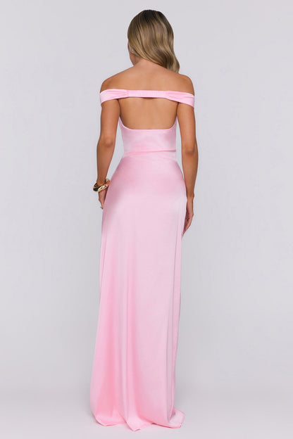 Spark Babe Off Shoulder Satin Maxi Dress Pink