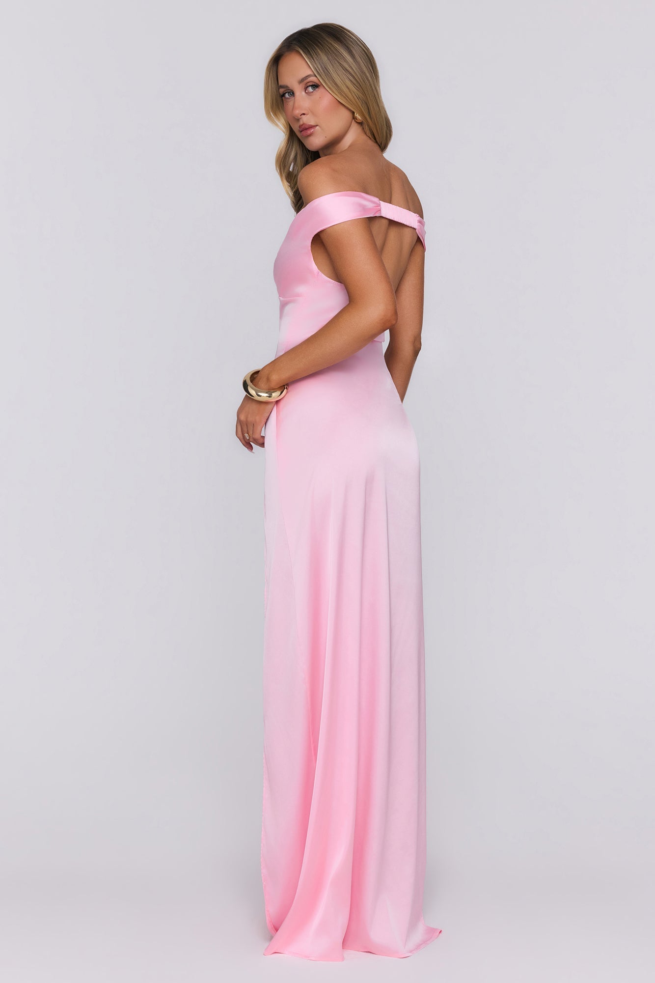 Spark Babe Off Shoulder Satin Maxi Dress Pink