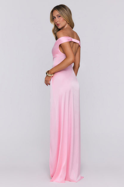 Spark Babe Off Shoulder Satin Maxi Dress Pink