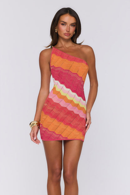 Style Of The Times Knit One Shoulder Mini Dress Multi